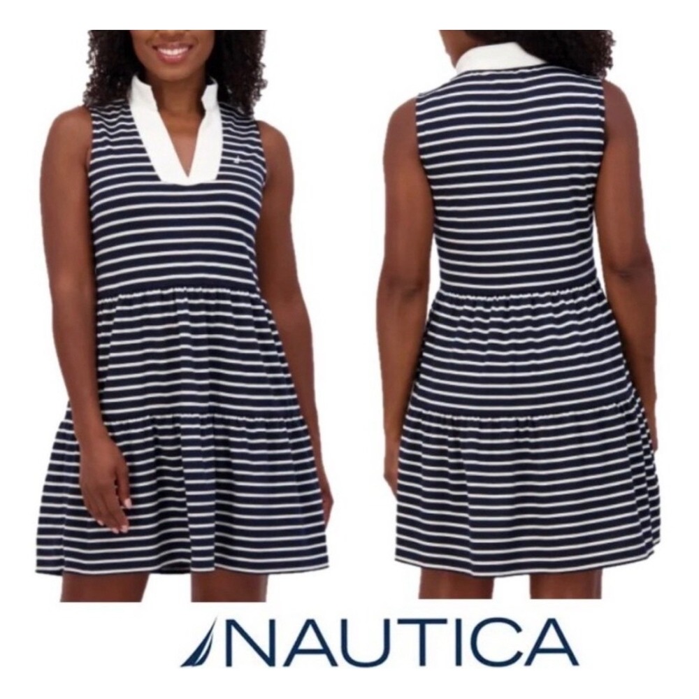 NAUTICA Tiered Mini Dress Womens Large Navy White Striped Sleeveless Pockets NWT - Picture 9 of 16